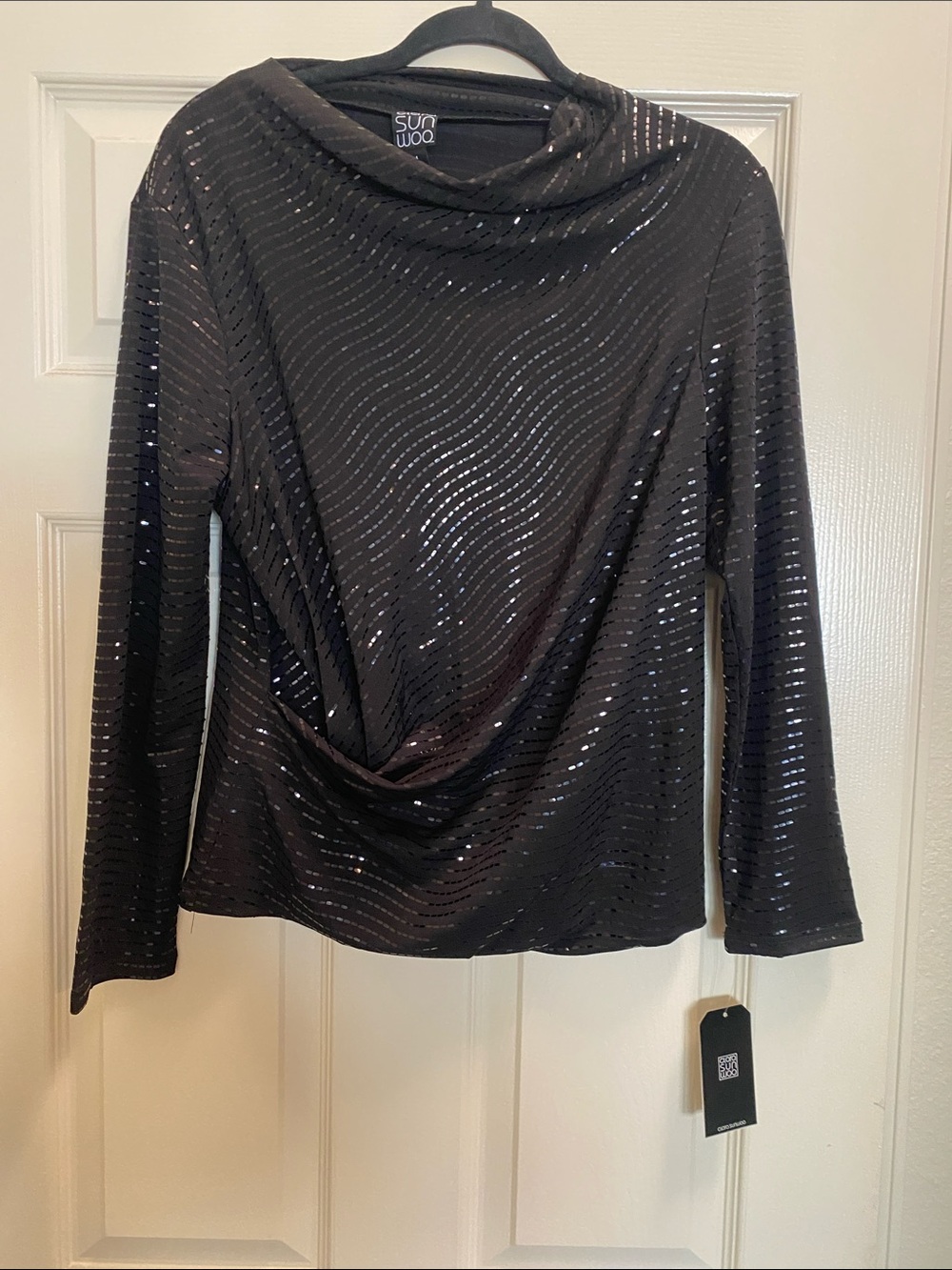 CLARA SUNWOO Black Sequin Stripe Long-Sleeve Drape Neck Top